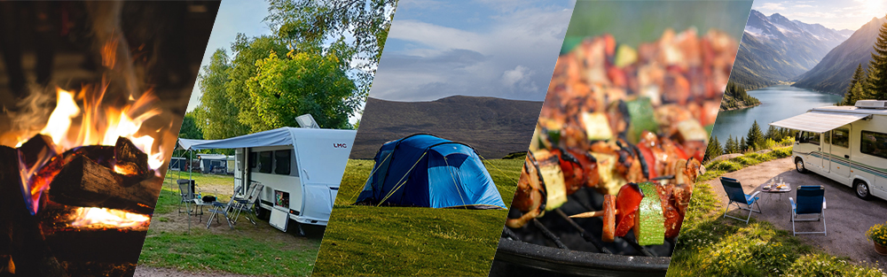 Titelbild Camping mit 5 Bildern: Lagerfeuer, Wohnwagen mit Vorzelt und Stühlen, Zelt auf einer Wiese, Grill und Wohnmobil mit ausgefahrener Markiese une gedecktem Campingtisch mit zwei Campingstühlen vor einem Bergsee